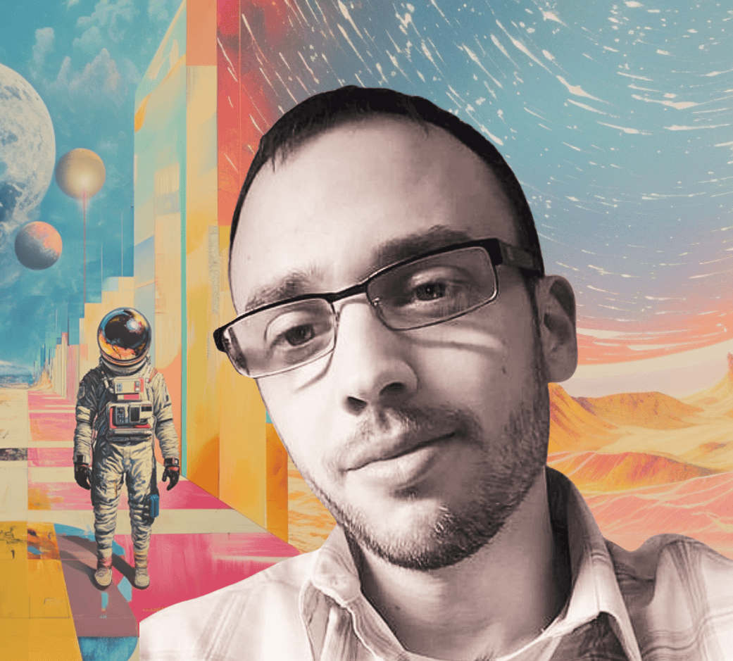 Alexander Lingle portrait with astronaut and futuristic landscape